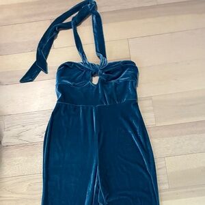 Cerulean Blue Velvet Keyhole Halter Flare Jumpsuit 70s